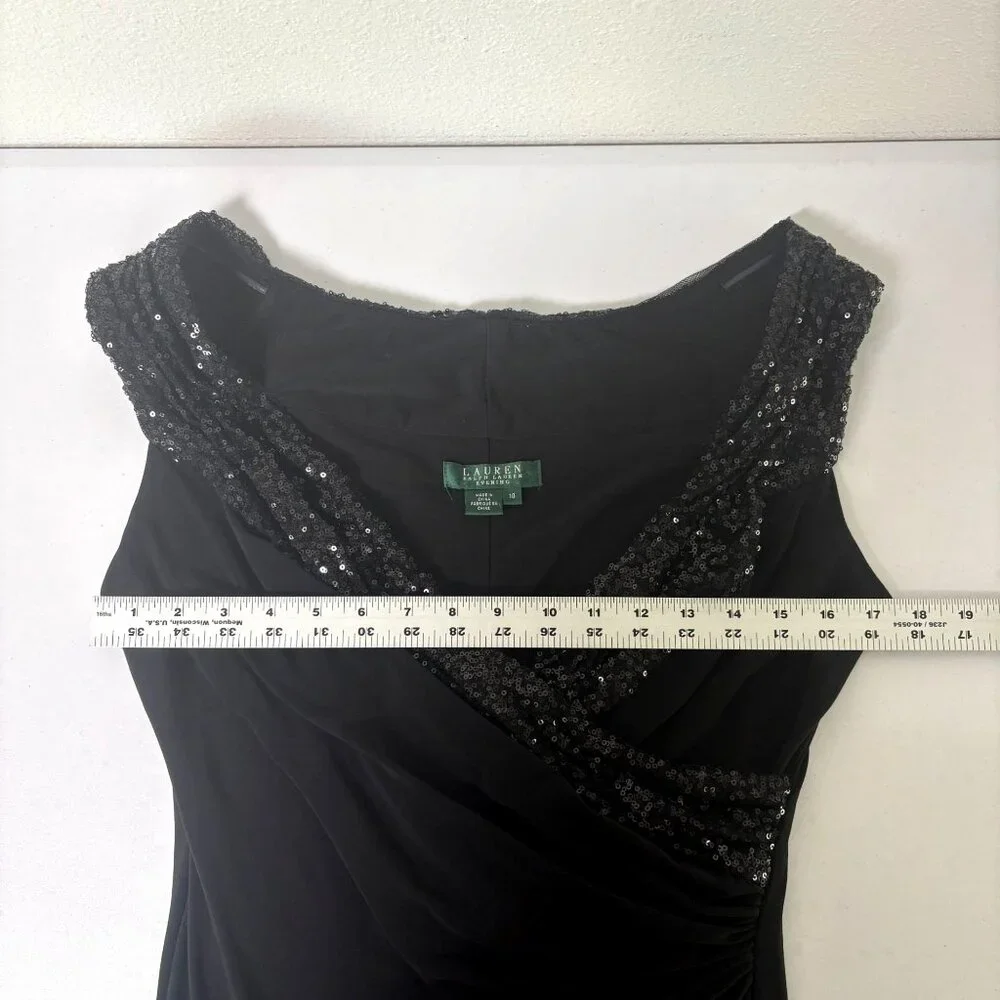 Lauren Ralph‎ Lauren Evening Sequin Cocktail Dress Size 10 Black Ruched Sheath